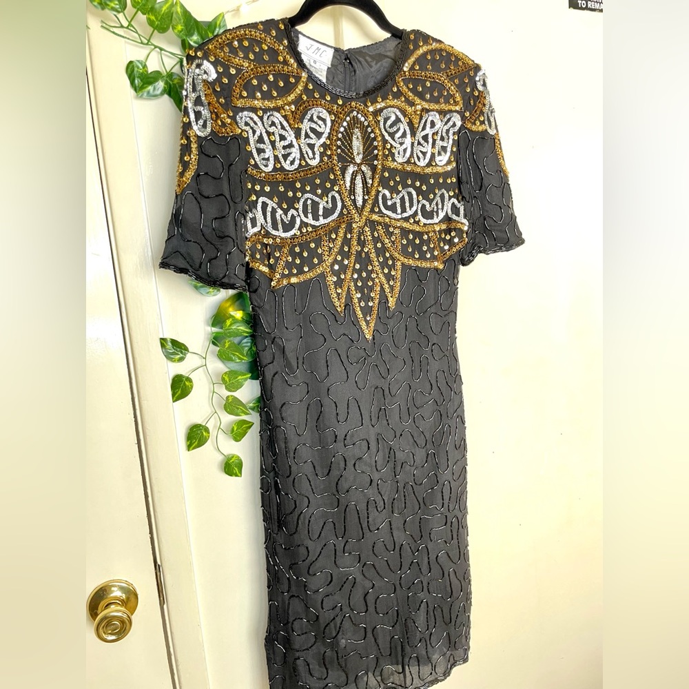90s Black & Gold 100% Silk Beaded Dress (XS/S)